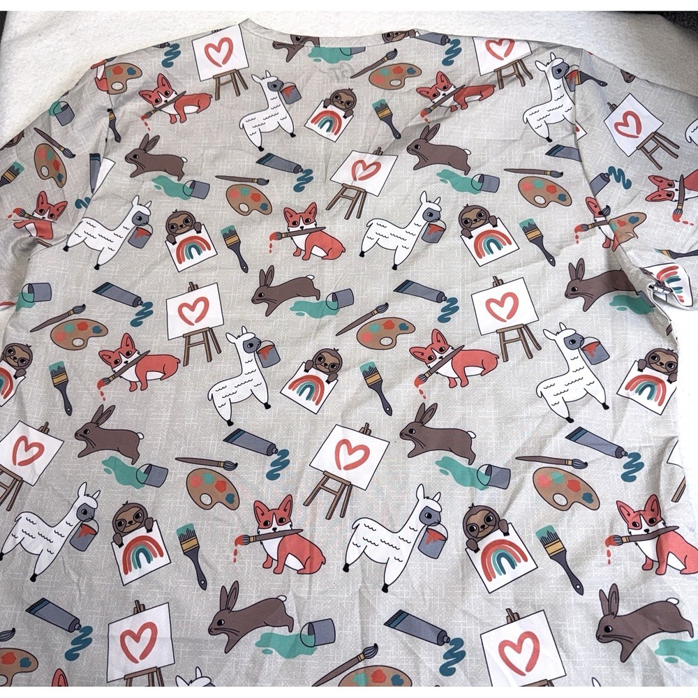 GT Performance Scrub Top Women 2X Gray Artist Animals Paint V Neck Nurse - Picture 8 of 9